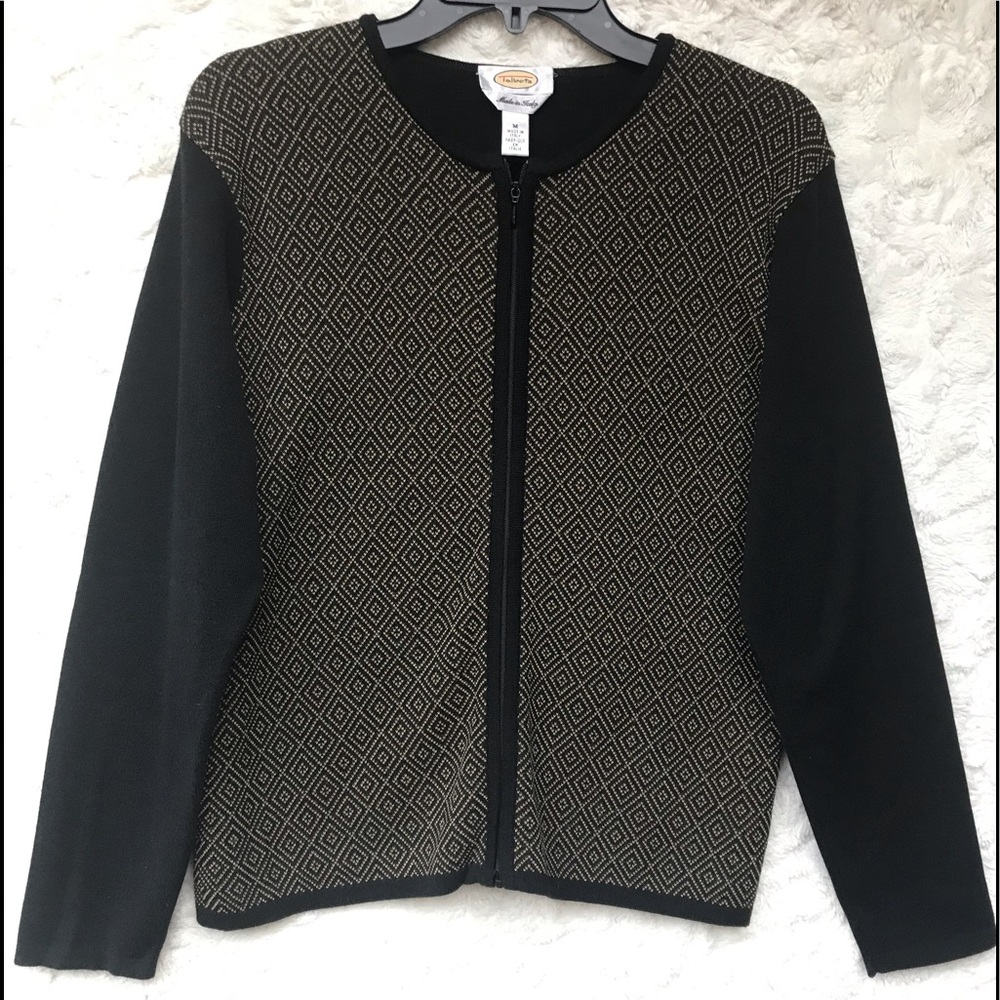 EUC Talbots Black & Tan Front Zip Cardigan SzMED